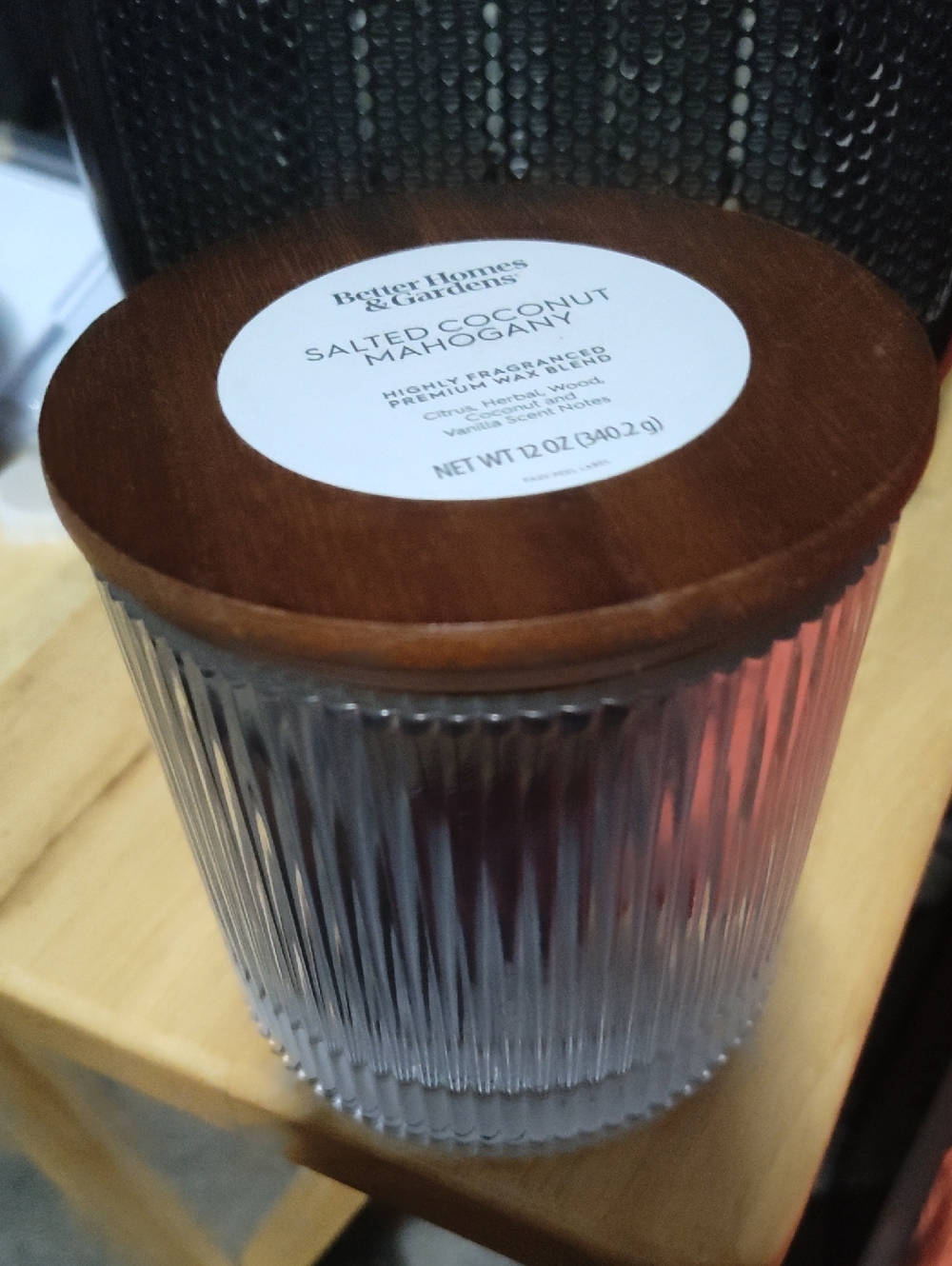 Better Homes And Gardens ribbed glass candle with brown wooden lid